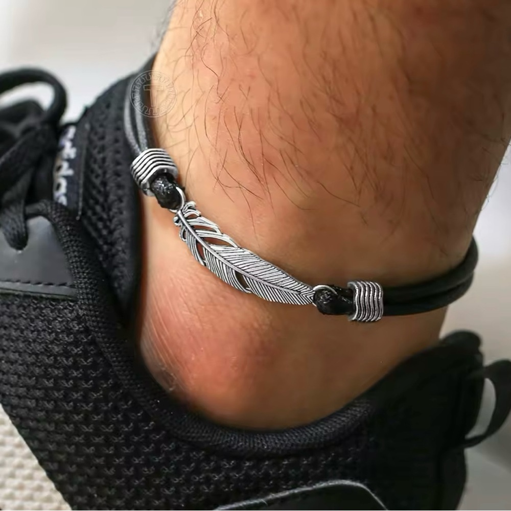Leather Anklet For Men Feather Leaf Anklet